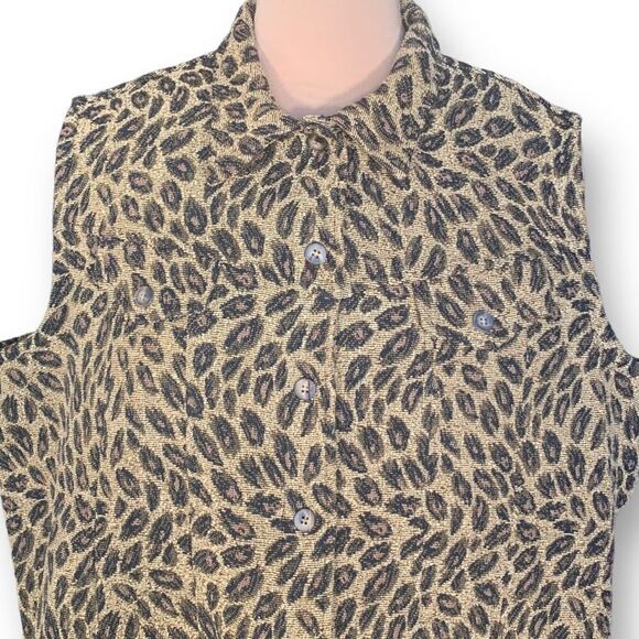Vintage 90s Vest Tan Brown Leopard Animal Print Collared Button Front Plus 2X - Picture 5 of 9